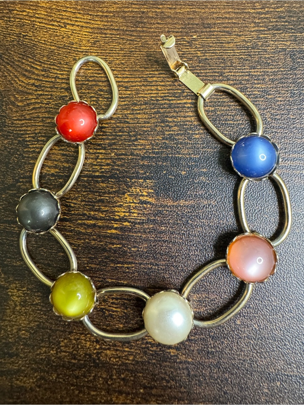 Vintage Moon Glow Lucite Multi-Colour Cabochon Link Bracelet - Gold Tone 1950’s